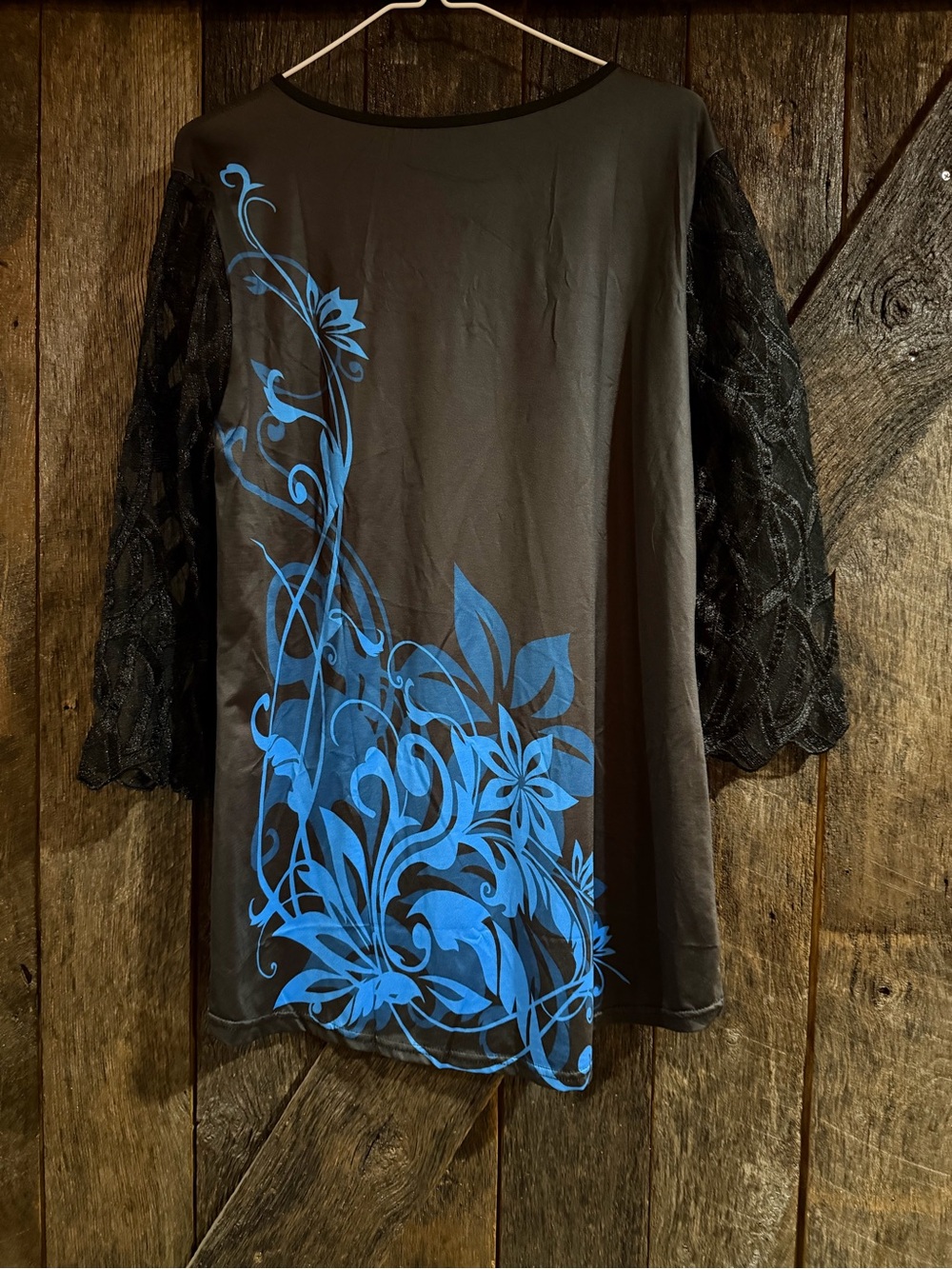 Women’s Black Tunic Top with Blue Floral Print - Picture 2 of 3